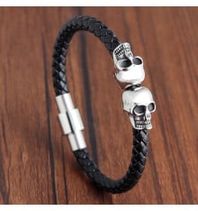 Men's Black Braided Leather Skull Bracelet