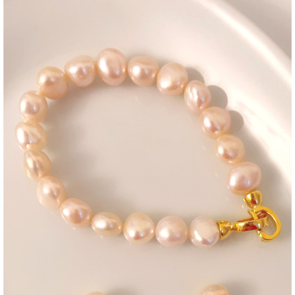 Armband aus barocken rosa Süßwasserperlen, 10 mm, Silberverschluss, vergoldet