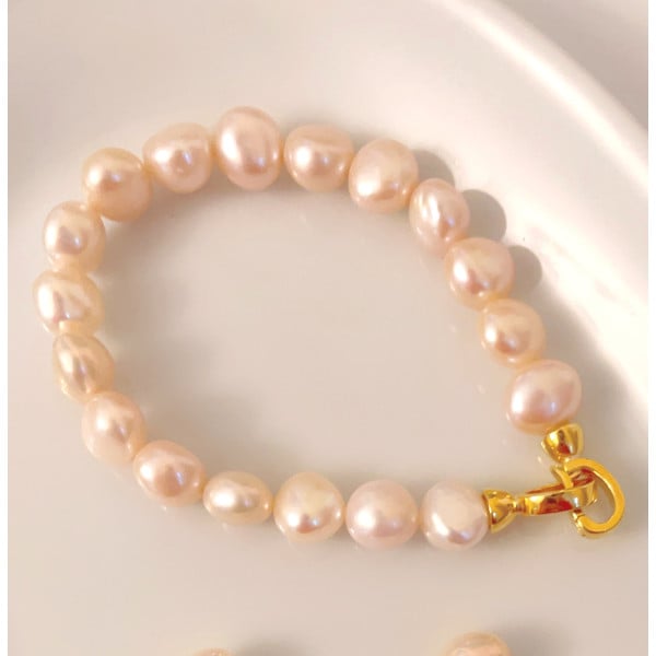 Bracciale barocco con perle d'acqua dolce rosa da 10 mm, chiusura in argento placcato oro