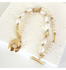 Pulsera barroca de perlas de agua dulce 2 hileras con cierre en T chapado en oro