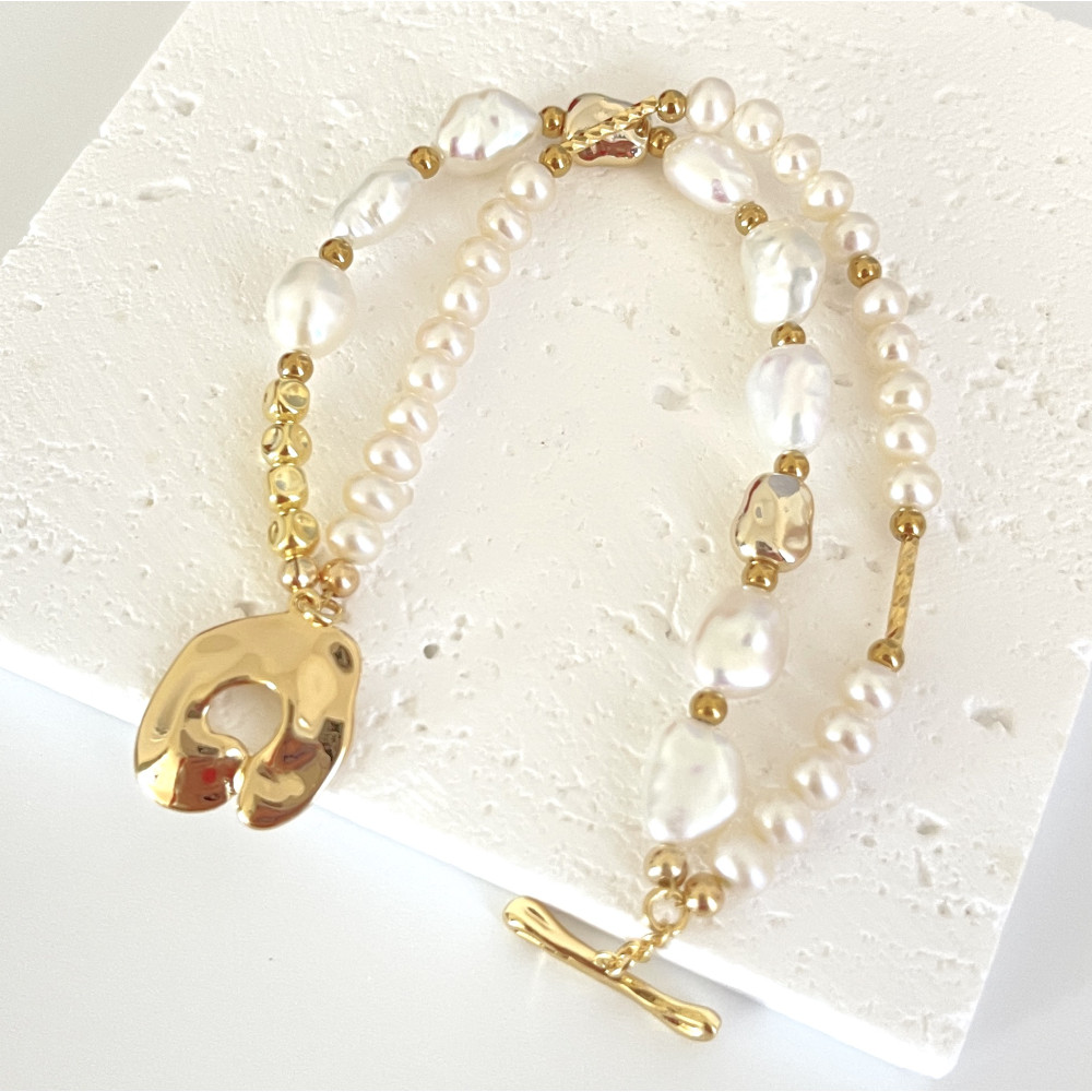 Bracciale di perle d'acqua dolce barocche a 2 file con chiusura a T placcata in oro