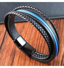 Bracelet homme cuir ligne bleue multi-rubans fermoir acier aimante