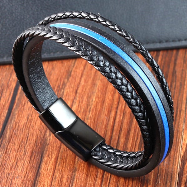 Men's Multi Cords Black Leather Bracelet Stainless Steel Clasp