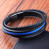 Bracelet homme cuir ligne bleue multi-rubans fermoir acier aimante