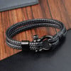 Men's Black Leather Stainless Steel shackle clasp Bracelet
