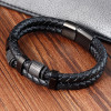 Men's Braided Leather Black Double Cords Stainless Steel Magnetic Clasp Bracelet