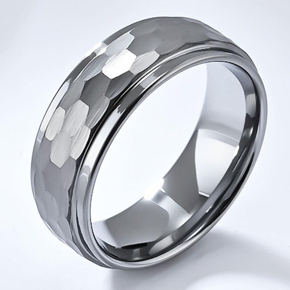 Men\u0026#39;s Tungsten Custom Engraved Ring with Hammered Design - BijouxStore - webid:2050