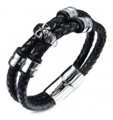Men's Leather double cords Bracelet Stainless Steel Skull Balls