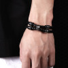 Bracelet homme cuir noir double cordon tete de mort crane boule acier