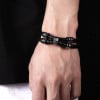 Pulsera hombre cuero negro doble cordón calavera calavera bola acero