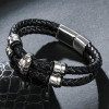 Bracelet homme cuir noir double cordon tete de mort crane boule acier