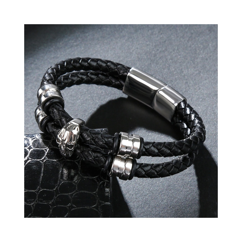 Men's Leather double cords Bracelet Stainless Steel Skull Balls ...
