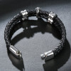 Bracelet homme cuir noir double cordon tete de mort crane boule acier
