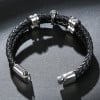 Pulsera hombre cuero negro doble cordón calavera calavera bola acero