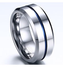 High Polished Men's Tungsten Blue Grooved Center Band Ring