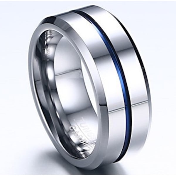 High Polished Men's Tungsten Blue Grooved Center Band Ring