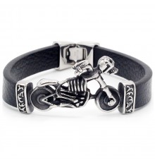 Black Leather Stainless Steel biker skeleton Bracelet