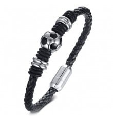 Men's black leather bracelet with football ball braid