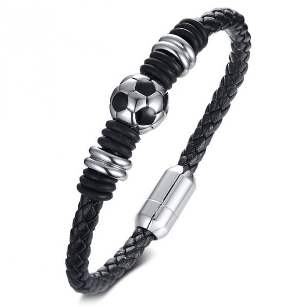 Men's Black Leather Cord Stainless Steel Football Bracelet