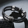 Bracelet homme cuir noir double cordon tete de mort crane boule acier