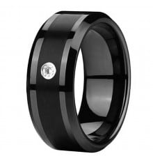 Men's Black Ceramic Brushed Center Band RIng With Cubic Zirconia Inlay