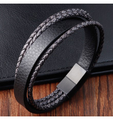 Bracelet Homme Double Cordon Cuir Tressé - Fermoir Acier Crochet, 21 Cm - Neuf Avec étiquettes
