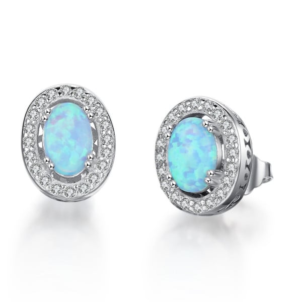 Rhodium Plated Sterling Silver Opal Zirconia Inlay Earrings