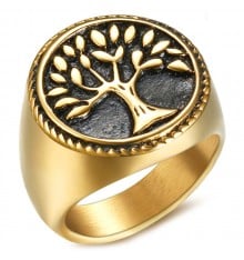 Men's Stainless Steel Tree of Life Gold Plated Signet Ring
