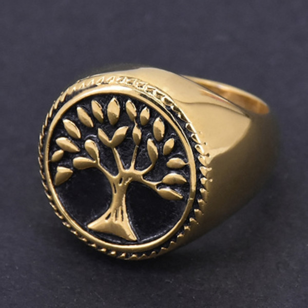 Bague homme acier chevaliere arbre de vie plaque or 2169