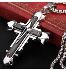 Men's two-tone black steel cross pendant