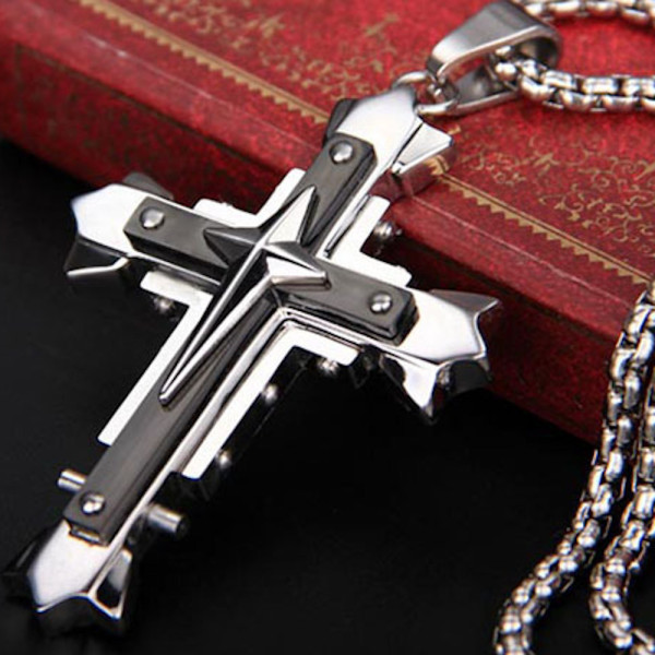 Men's Stainless Steel Black Silver Cross Pendant 