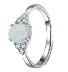 Rhodium Plated Sterling Silver Opal Stone Cubic Zirconia Inlay Ring