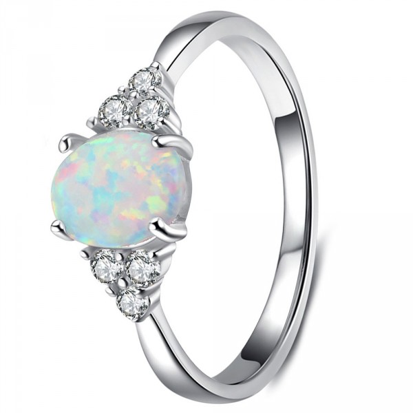 Sterling Silver Opal Stone Cubic Zirconia Inlay Ring