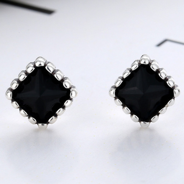 Square stud earrings for men, women, silver, black zirconium