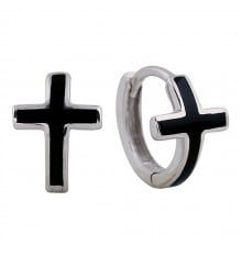 Men's Sterling Silver Black Cross Hoop Earrings - pair