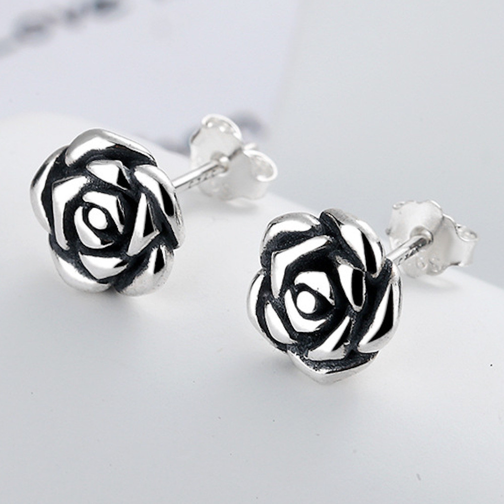 Boucles D'oreilles Clous Argent 925 - Émail Rouge Et Pierre Bleue - Vintage