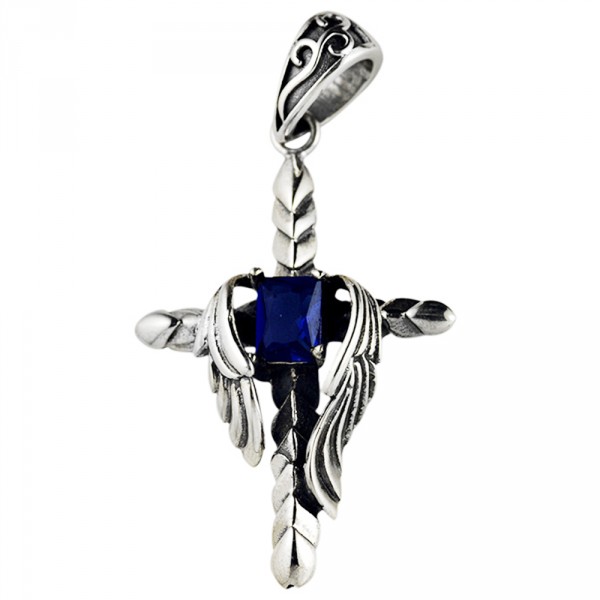 Men's Sterling Silver Cross with Wings Zirconia Inlay Pendant