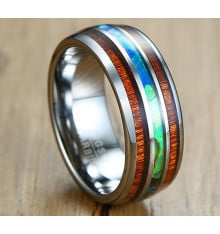 Men's High Polished Abalone Wood Tungsten Custom Engraved Band RIng