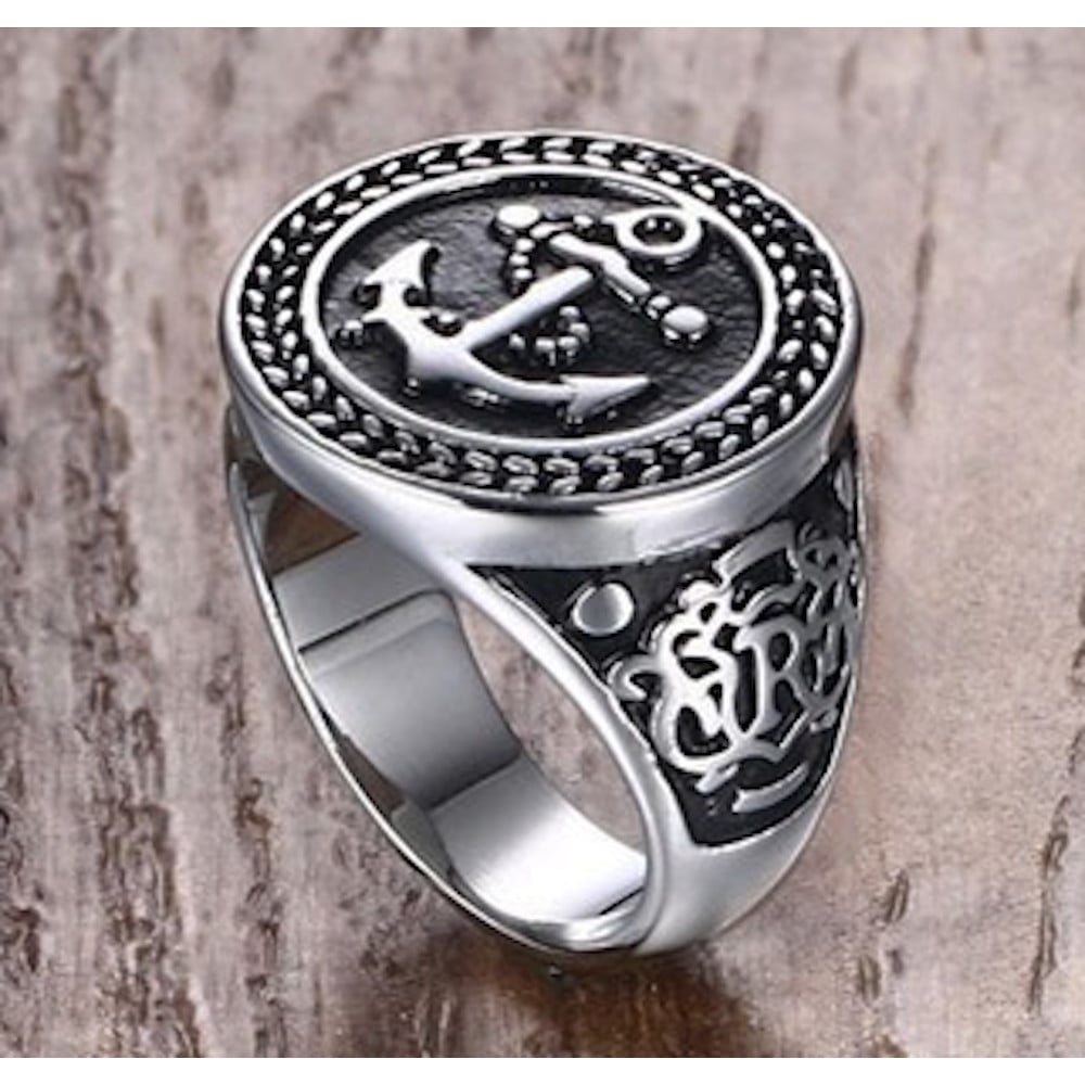 Men's steel knight ring, Celtic viking marine anchor