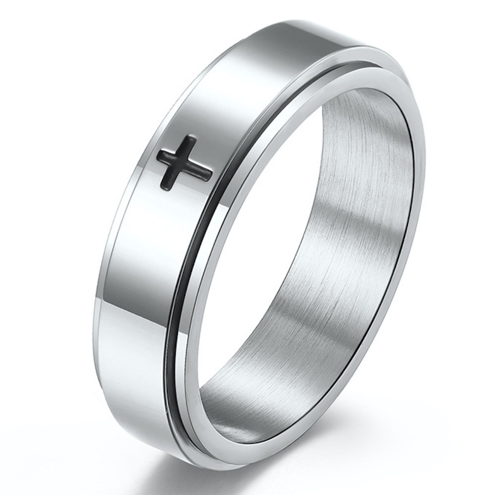 Bague homme anneau tournant antistress acier croix