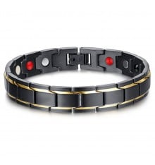 Men's bracelet black steel magnetic brush gold line