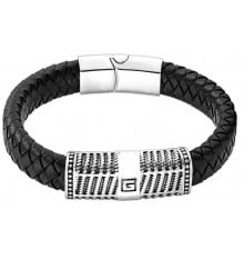 Men's black leather element steel bracelet with Greek pattern