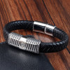Bracelet homme cuir noir element acier motif grecque