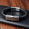 Bracelet homme cuir noir element acier motif grecque