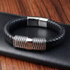 Men's Black Braided Leather Stainless Steel Meander Bracelet