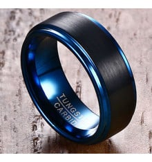 Personalized men's tungsten ring, black blue brush finish