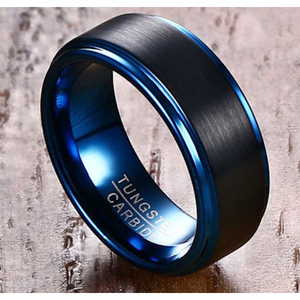 Men's Brushed Black Tungsten Blue Inside Band Ring