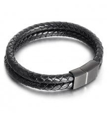 Men's bracelet with double braided leather cords and magnetic clasp