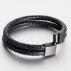 Men's Black Double Cords Leather Stainless Steel Clasp Bracelet