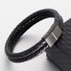 Men's Black Double Cords Leather Stainless Steel Clasp Bracelet